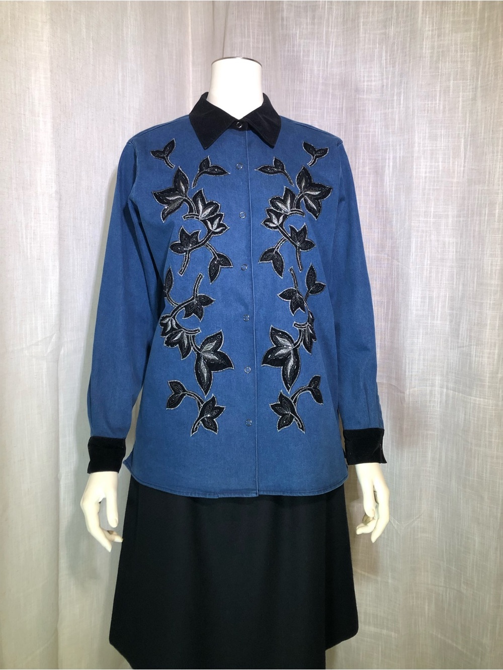 Victor Costa Denim Button-Down Shirt with Black Velvet Floral Appliqué